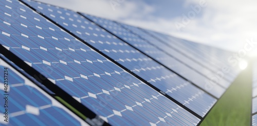 Solar Panels farm or solar call farm on green hills field and blue sky background .energy and eco environment concept .focus on first solar panel .3d rendering