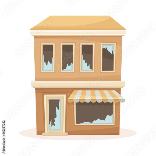 Facade of abandoned house with broken windows and roof. Old suburban two storey building cartoon vector illustration