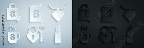 Set Castle and key in heart shape, Necklace with shaped pendant, Coffee cup 8 March, Lipstick, Greeting card and Shopping bag icon. Vector