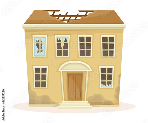 Abandoned two storey house with broken windows and roof. Old two storey building cartoon vector illustration