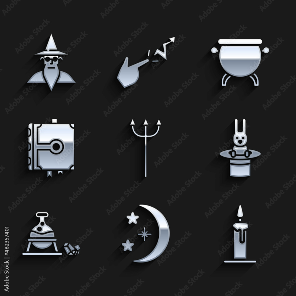Set Neptune Trident, Moon and stars, Burning candle in candlestick, Magician hat rabbit, Witch