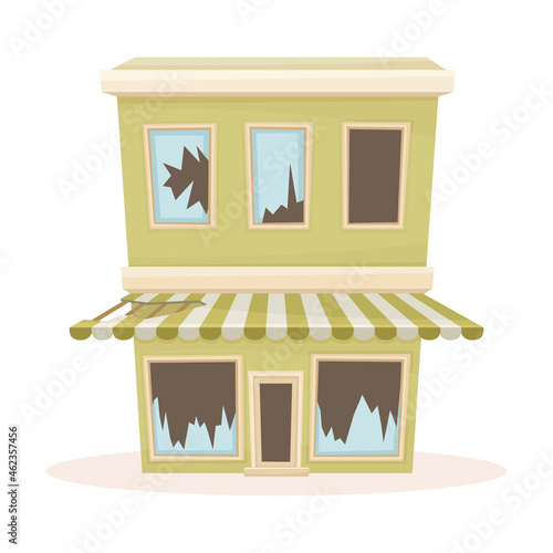 Abandoned public building with broken windows. Facade of old decaying house cartoon vector illustration