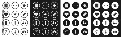 Set Virus, Medical protective mask, DNA spiral and computer, Clipboard with blood test results, Pills in blister pack, Safe distance, Test tube flask and Blood virus icon. Vector