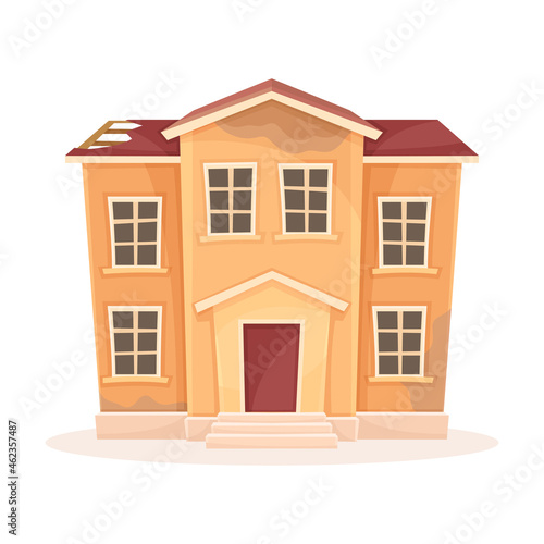 Abandoned house with broken roof. Facade of old two storey decaying building cartoon vector illustration