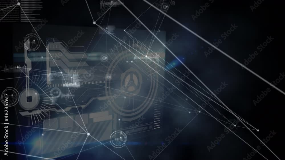 Animation of network of connections and data processing on black background Animation of network of connections and data processing on black background