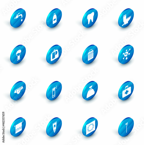 Set Bottle of liquid antibacterial soap, Tooth, Toilet bowl, Shaving brush, Underwear, Bottles for cleaning agent, Virus and Trash can icon. Vector