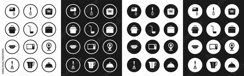 Set Slow cooker, Kitchen ladle, Cooking pot, Electric mixer, whisk, Chef hat with location and colander icon. Vector Set Slow cooker, Kitchen ladle, Cooking pot, Electric mixer, whisk, Chef hat with location and colander icon. Vector