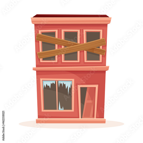 Abandoned two storey house with boarded up windows. Old suburban cottage cartoon vector illustration