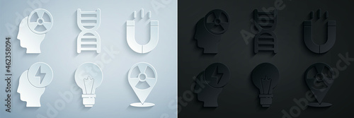 Set Light bulb with concept of idea, Magnet, Head and electric symbol, Radioactive in location, DNA and radiation icon. Vector