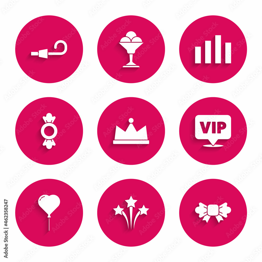 Set Crown, Firework, Bow tie, Location Vip, Balloon in form of heart, Candy, Music equalizer and Birthday party horn icon. Vector