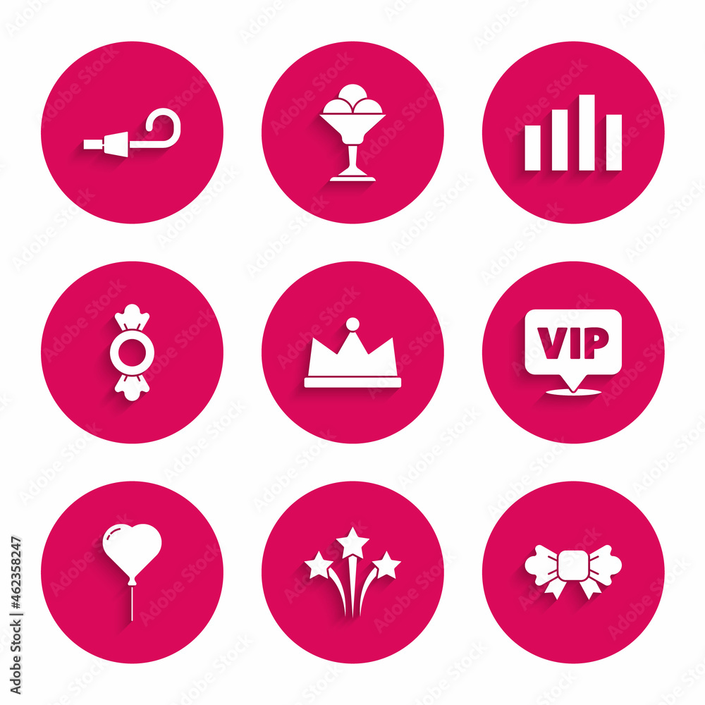 Set Crown, Firework, Bow tie, Location Vip, Balloon in form of heart, Candy, Music equalizer and Birthday party horn icon. Vector Set Crown, Firework, Bow tie, Location Vip, Balloon in form of heart, Candy, Music equalizer and Birthday party horn icon. Vector