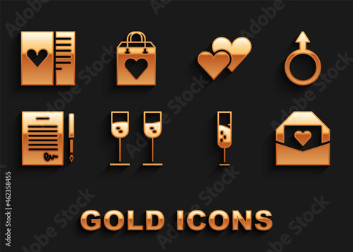 Set Glass of champagne, Male gender symbol, Envelope with Valentine heart, Marriage contract, Heart, Postcard and Shopping bag icon. Vector