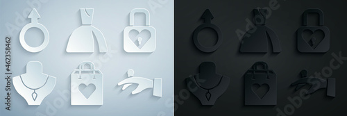 Set Shopping bag with heart, Lock and, Necklace on mannequin, Wedding rings hand, Woman dress and Male gender symbol icon. Vector