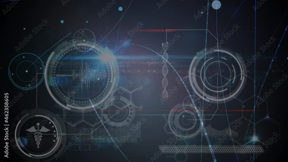 Animation of networks of connections and medical data processing over black background Animation of networks of connections and medical data processing over black background