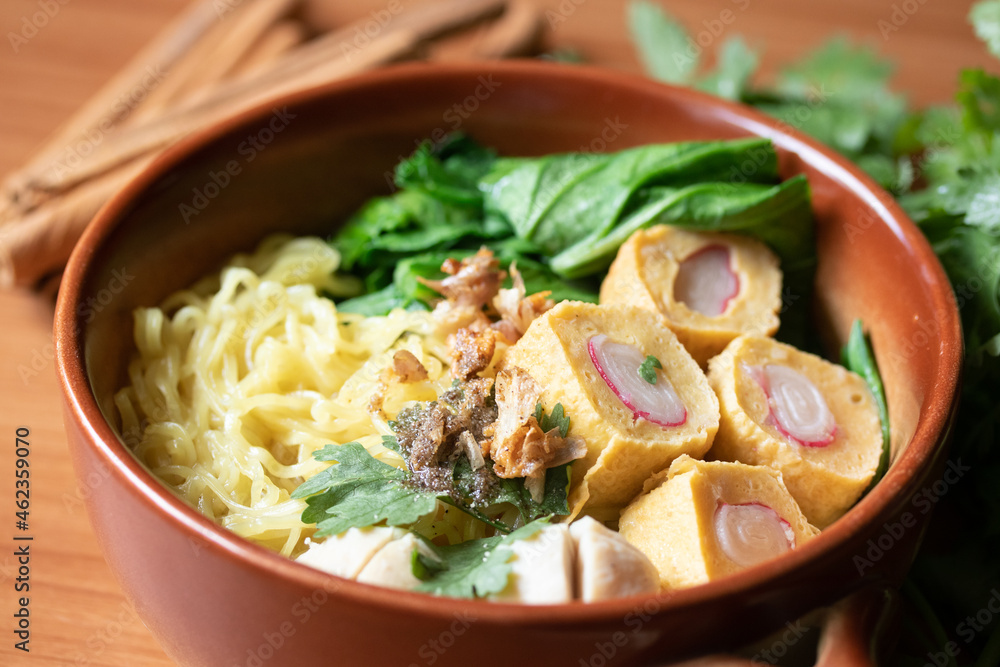 Egg noodles with pork meatballs and vegetables Noodles Thai style Egg noodles with pork meatballs and vegetables Noodles Thai style