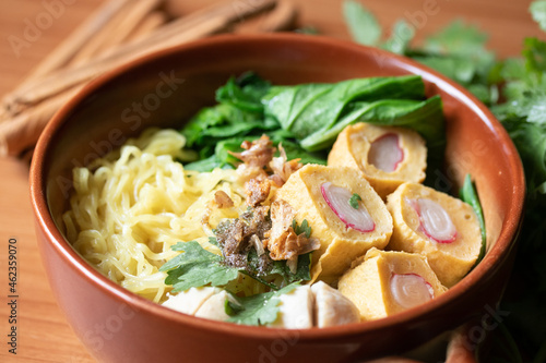 Egg noodles with pork meatballs and vegetables Noodles Thai style