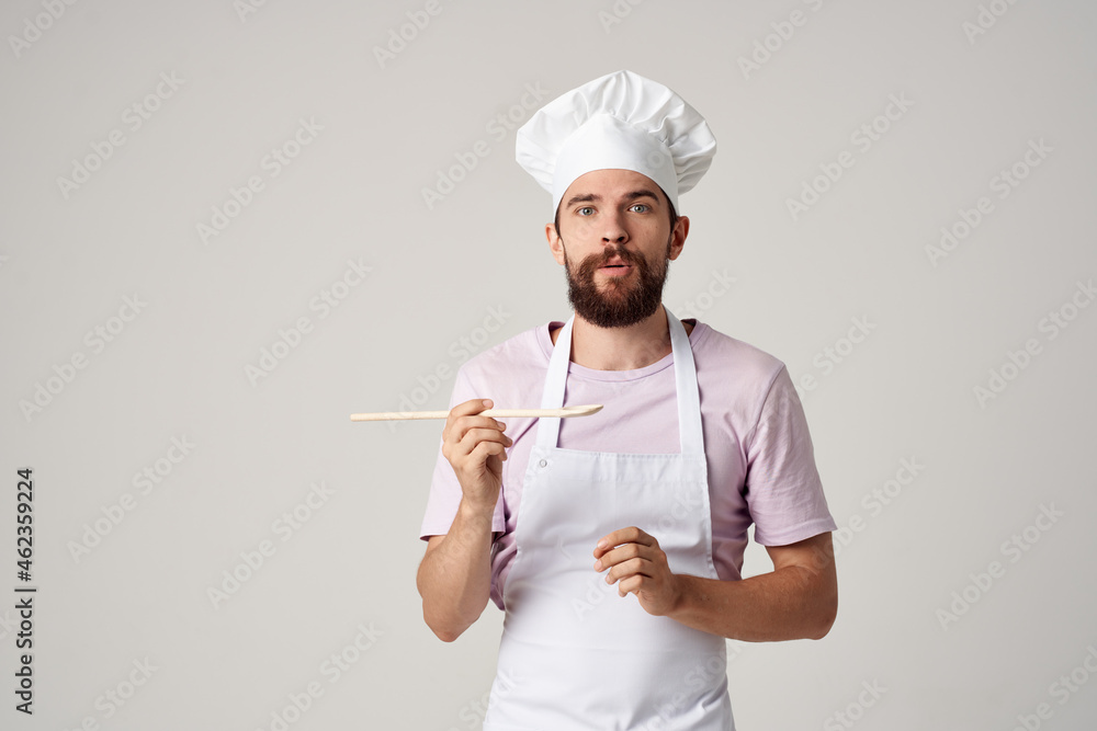 bearded man chef with a white cap on his head emotions work bearded man chef with a white cap on his head emotions work