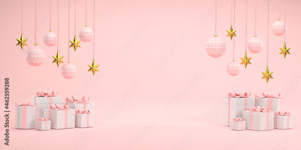 Pink Christmas ball and golden stars at Christmas festival on a white background. Pink Christmas ball and golden stars at Christmas festival on a white background.