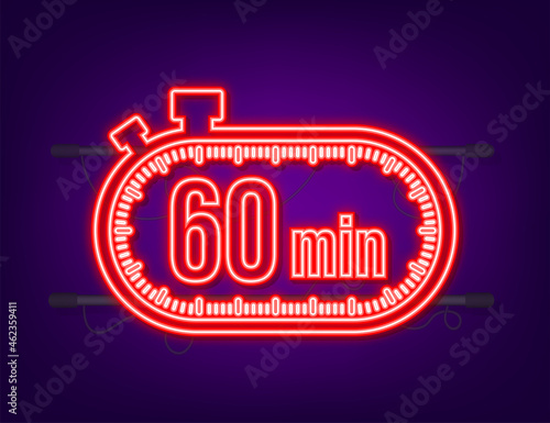 The 60 minutes, stopwatch vector neon icon. Stopwatch icon in flat style, timer on on color background. Vector illustration