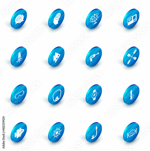 Set Scallop sea shell, Coral, Action camera, Octopus, Diving mask, Fish, Paddle and Fishing harpoon icon. Vector