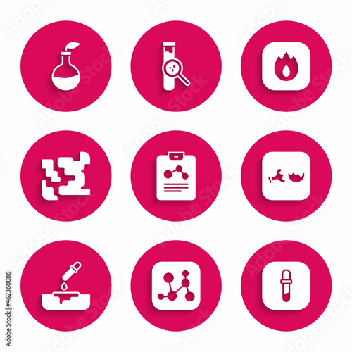 Set Chemistry report, Chemical formula, Pipette, Broken flask, Petri dish with pipette, Gaseous, Fire flame and Plant breeding icon. Vector
