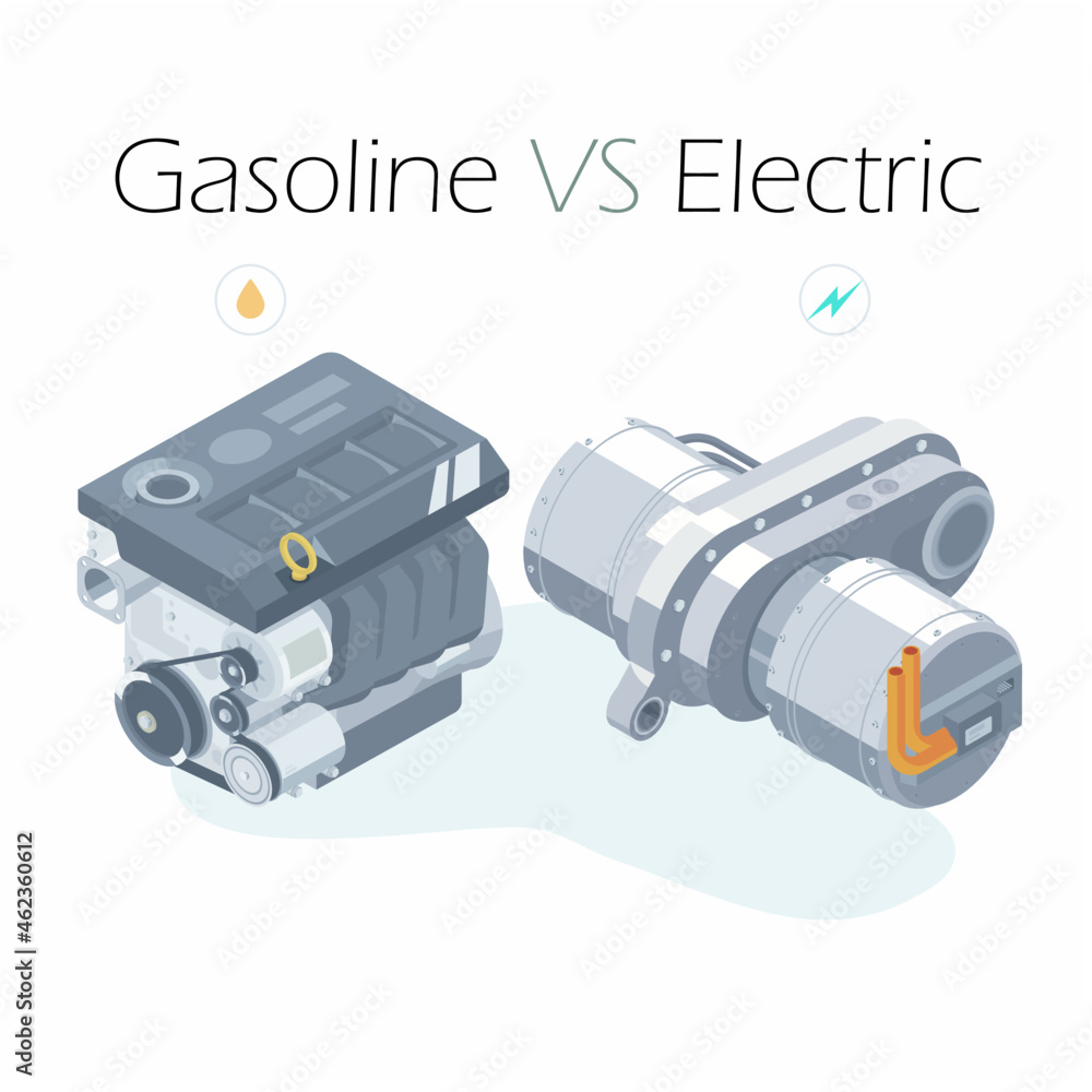 Obraz ev motor vs engine electric power and gasoline power isometric fototapeta, plakat