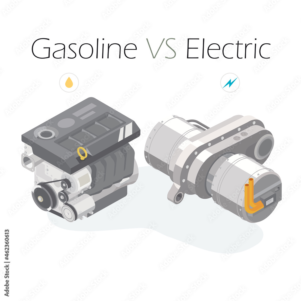 ev motor vs engine electric power and gasoline power isometric