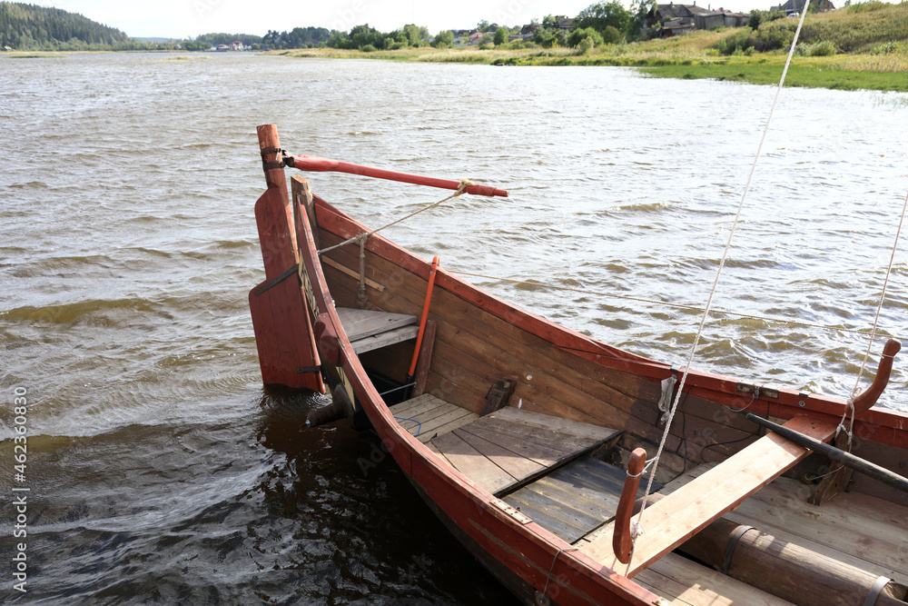Details of vintage viking wooden boat in Lake Ladoga