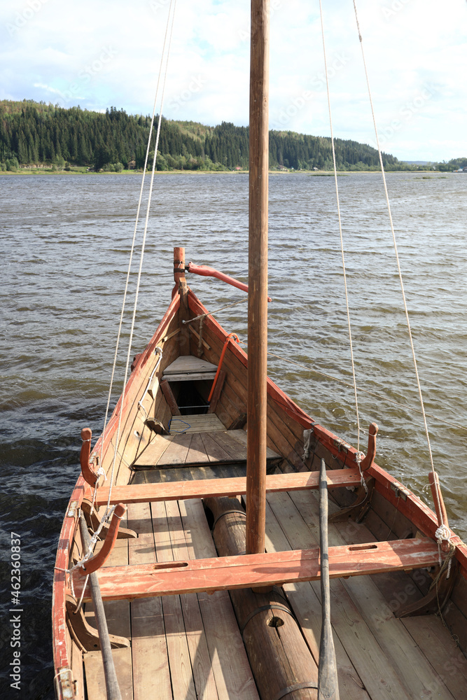 View of viking wooden boat in Lake Ladoga