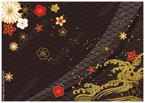 和柄_金箔_黒赤背景