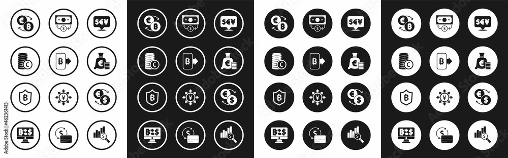 Set Currency exchange, Mining bitcoin from mobile, Coin money with euro symbol, Cryptocurrency, Stacks paper cash, Money and Shield icon. Vector Set Currency exchange, Mining bitcoin from mobile, Coin money with euro symbol, Cryptocurrency, Stacks paper cash, Money and Shield icon. Vector