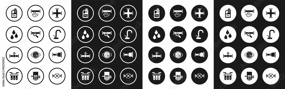 Set Industry metallic pipe, Water drop, Drain cleaner bottle, tap, Broken, Pipe adapter and and valve icon. Vector Set Industry metallic pipe, Water drop, Drain cleaner bottle, tap, Broken, Pipe adapter and and valve icon. Vector