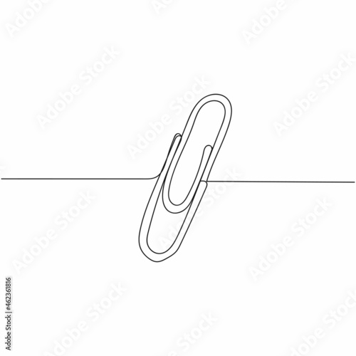 Continuous one line drawing of metal paper clip in silhouette on a white background. Linear stylized.