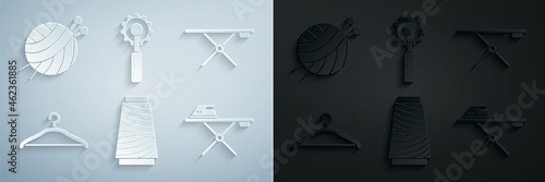 Set Sewing thread on spool, Ironing board, Hanger wardrobe, Electric iron and ironing, Cutter tool and Yarn ball with knitting needles icon. Vector