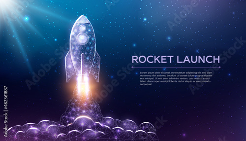 Rocket launch, wireframe polygonal style. Internet technology network, business startup concept with glowing low poly rocket. Futuristic modern abstract background. Vector illustration.