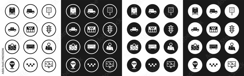 Set Road sign for a taxi stand, Taximeter, Car, Train, Traffic light, Folded map with location and Gps device icon. Vector