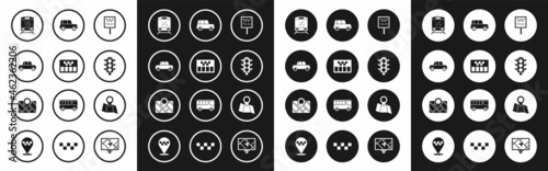 Set Road sign for a taxi stand, Taximeter, Car, Train, Traffic light, Folded map with location and Gps device icon. Vector