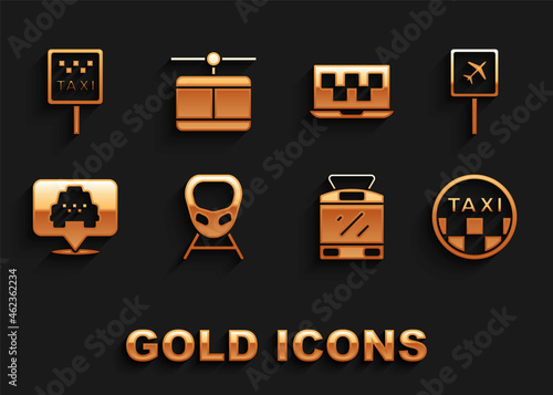 Set High-speed train, Airport, Taxi car roof, Tram and railway, Location with taxi, Laptop call service, Road sign for stand and Cable icon. Vector