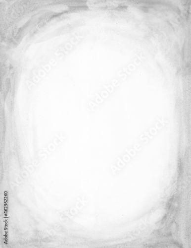 Gray watercolor background with a white space in the center. Black and white abstract template. Hand-drawn frame. Gradient backdrop. Watercolor textured illustration.