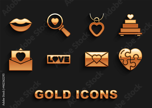 Set Love text, Wedding cake with heart, Heart, Envelope Valentine, Necklace shaped, Smiling lips and Search and love icon. Vector