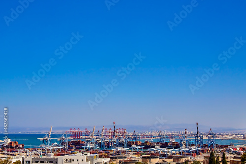 cloudless sky over the seaport in haifa on a sunny day