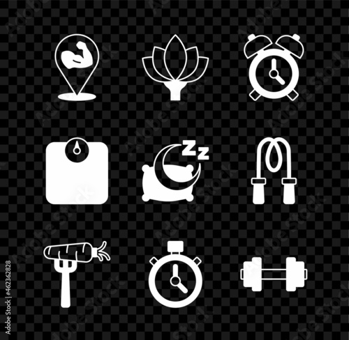 Set Bodybuilder muscle, Lotus flower, Alarm clock, Carrot on fork, Stopwatch, Dumbbell, Bathroom scales and Time sleep icon. Vector