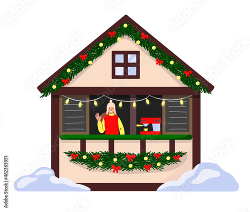Decorated coffee shop, counters and fair stand. Barista. Christmas markets. Vector illustration in cartoon style.