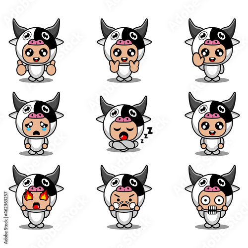 mascot costume expression bundle set cow cartoon character vector illustration