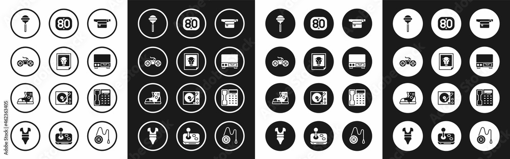 Set Waist bag of banana, Photo, Gamepad, Lollipop, Old video cassette player, 80s Retro, Telephone handset and Sport sneakers icon. Vector Set Waist bag of banana, Photo, Gamepad, Lollipop, Old video cassette player, 80s Retro, Telephone handset and Sport sneakers icon. Vector