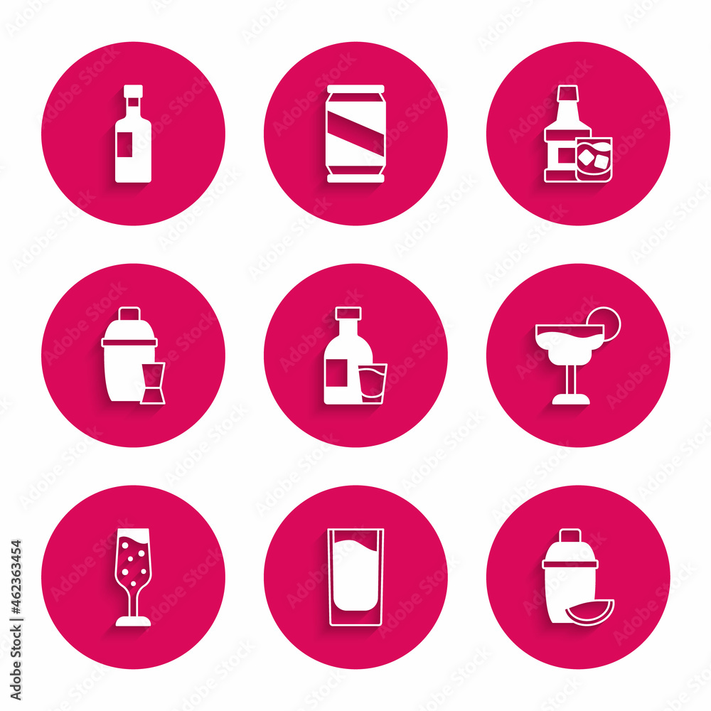 Set Bottle of vodka with glass, Shot, Cocktail shaker lime, Glass champagne, Whiskey bottle and and Wine icon. Vector Set Bottle of vodka with glass, Shot, Cocktail shaker lime, Glass champagne, Whiskey bottle and and Wine icon. Vector