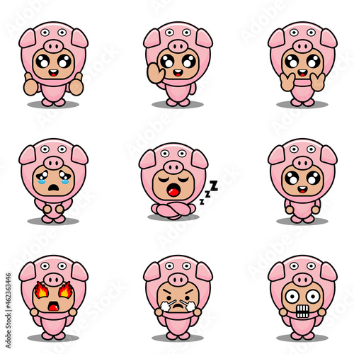 mascot costume expression bundle set pig cartoon character vector illustration