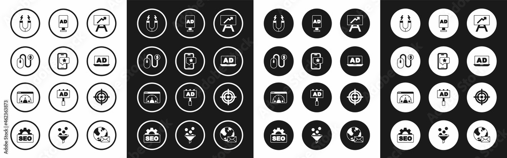 Set Board with graph chart, Mobile review rating, Advertising, Magnet, Target and Website statistic icon. Vector Set Board with graph chart, Mobile review rating, Advertising, Magnet, Target and Website statistic icon. Vector