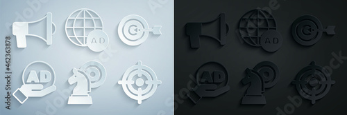Set Chess, Target, Advertising, and Megaphone icon. Vector