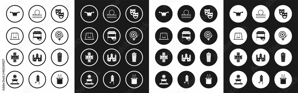 Set Comedy theatrical masks, Fast street food cart with awning, Swing, Jester hat bells, Classic dart board and arrow, Roller coaster, Popcorn cardboard box and Attraction carousel icon. Vector Set Comedy theatrical masks, Fast street food cart with awning, Swing, Jester hat bells, Classic dart board and arrow, Roller coaster, Popcorn cardboard box and Attraction carousel icon. Vector